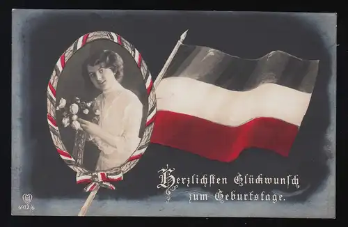 Frau Fotografie Blumen Kranz Flagge, Glückwunsch Geburtstag Hilgen 29.4.1915