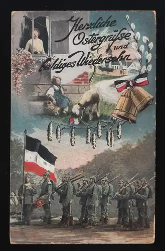 Soldaten marschieren, Frau Kind Heimat, Ostergrüße Wiedersehen Neustadt 1.4.1915