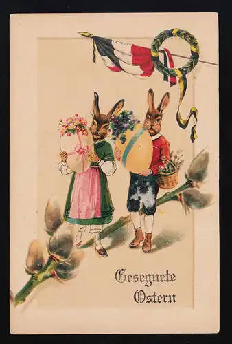 Osterhase Paar vermenschlicht, Gesegnete Ostern, Reichsflagge, ungebraucht