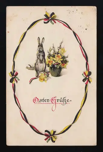 Lièvre Panier Narcisses, rubans Rubanes Couleurs de l'empire, salutations de Pâques Mainz 22.4.1916