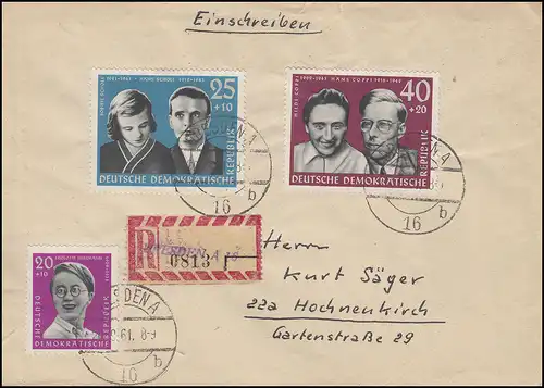 851+852+853 Widerstandskämpfer Scholl R-Brief Not-R-Zettel DRESDEN 20.9.1961