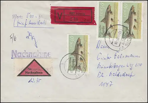 3099 Süßwasserfische Barbe auf Nachnahme-Wert-Brief LEIPZIG 3.6.1987