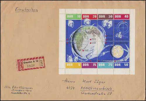 926-933 Weltraumflüge 1962 - Kleinbogen ngdz auf R-Brief DRESDEN 13.5.1963