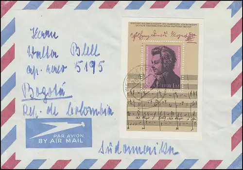 Bloc 62 Wolfgang Amadeus Mozart 1981 sur lettre étrangère WEGELEBEN 4.5.81