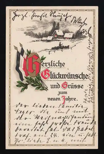 Dorf Schnee Lithographie, Reichsflagge Grüsse zum neuen Jahr, Breslau 27.12.16