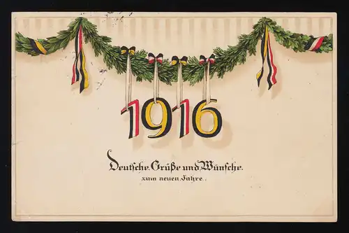 Deutsche Grüße zum neuen Jahre 1916 Bänder Girlanden, Diez 29.12.1915