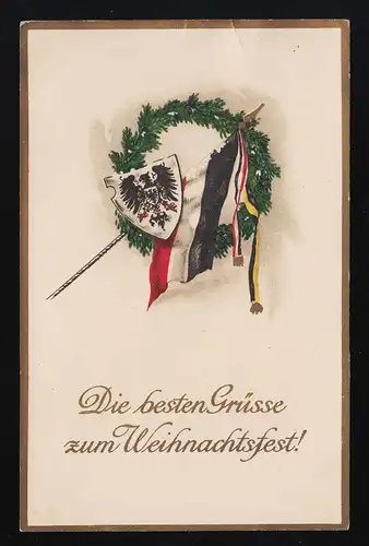 Kranz Tannenzweige Reichsflagge Wappen Grüsse Weihnachtsfest gelaufen 23.12.1916
