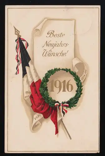 Beste Neujahrswünsche 1916 Kranz Eichenlaub Reichsflagge, Südhemmern 1.1.1916