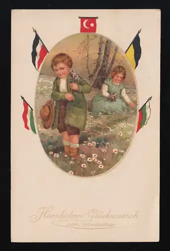 Kinder sammeln Blumen Wiese, Flaggen Glückwunsch Namenstag, Augsburg 22.7.1917