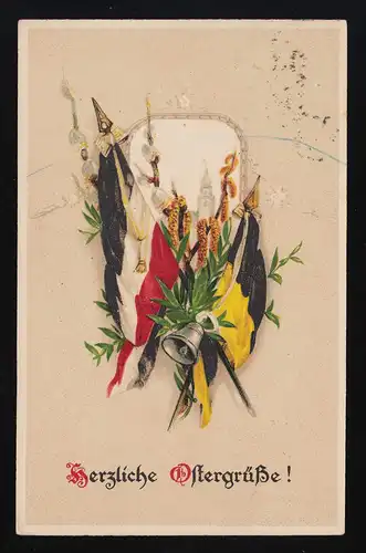 Drapeaux croisés avec des cloches, des feuilles, du chaton de saule, salutations de Pâques, Vienne 20.4.1918