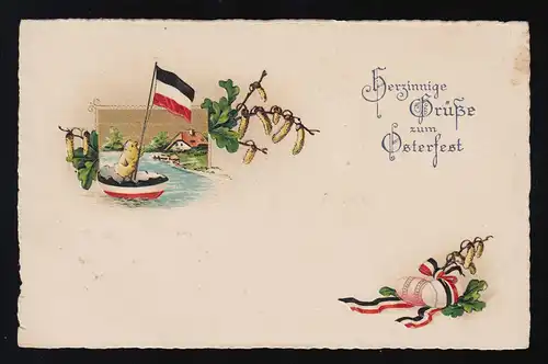 Küken Boot Eierschale Reichsfarben Flagge, Grüße Osterfest, Feldpost 24.3.1918