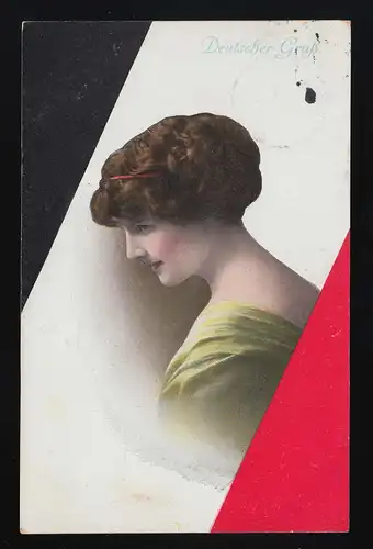Jeune femme cheveux courts Locken, salutation allemande devant Reichs couleurs, Berlin 19.2.1916
