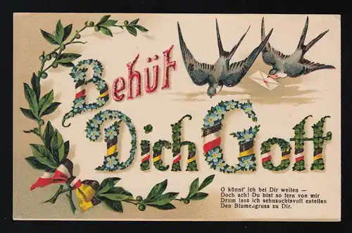 Attention à Dieu, écriture florale, hirondelles couleurs riches feuillage croisé 15.8.1917