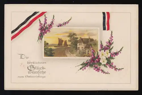 Idylle Fluß lila + weiße Blüten Glückwünsche Geburtstag, Hedersleben 27.1.1916 