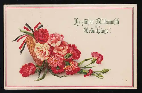 Korb rot rosa Nelken Band in Reichsfarben Glückwunsch Geburtstag, Isny 6.11.1916