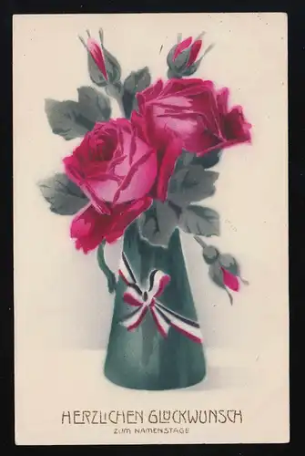 Dunkle Vase rote Rosen Reichsfarben, Glückwunsch Namenstag Garmisch 25.11.1915