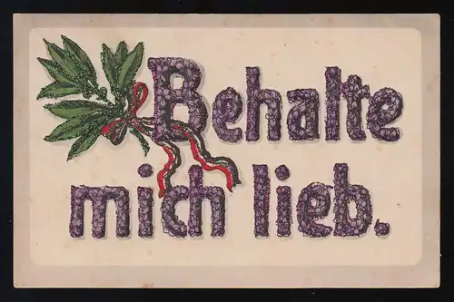 Behalte mich lieb. Lorbeer Band Reichsfarben lila Schrift, gelaufen 24.1.1916