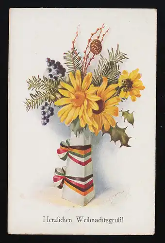 Vase fleurs jaunes bandes couleurs riches Zips, Noël, non utilisé