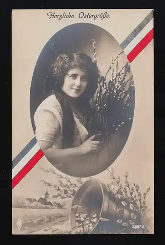 Bonjour Pâques Madame Chaton de Pâté de Paix Reichscolore Dorfidylle, couru 1918