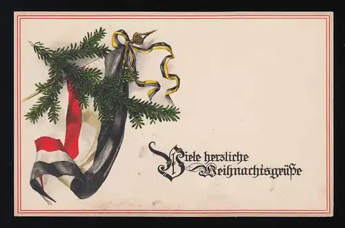 Beaucoup de salutations de Noël cordiales, branche de sapin et drapeau de l'empire, inutilisé