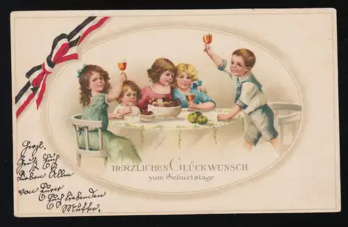 Fête des enfants à table couverte, Félicitations anniversaire, couru 1.10.1915