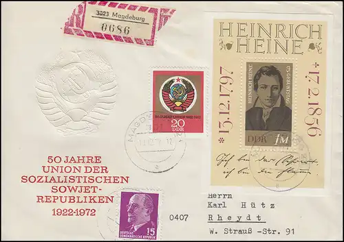 Bl 37 Heinrich Heine avec supplément sur lettre R Bijoux MAGDEBURG 13.12.1972