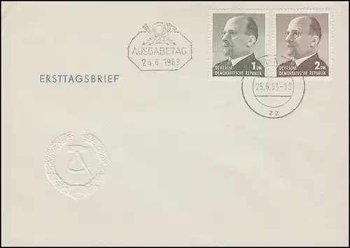 968-969 Ulbricht 1 DM und 2 DM 1963: Satz auf Schmuck-FDC ET-O BERLIN zz 25.6.63