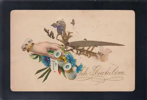 Ich gratuliere. Frau Hand Opernglas Kornblumen getrocknete Blüten, ungebraucht