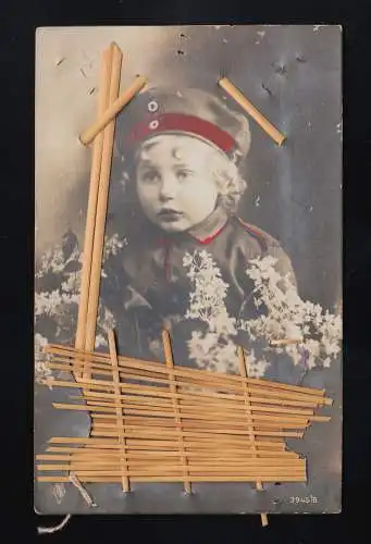 enfant boucle uniforme, fleurs, photo décorée avec des pâturages, couru 28.5.1916