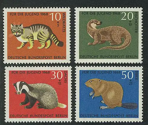 316-319 Jeunesse Animaux menacés 1968: Chat sauvage La loutre Blaireau, ensemble **