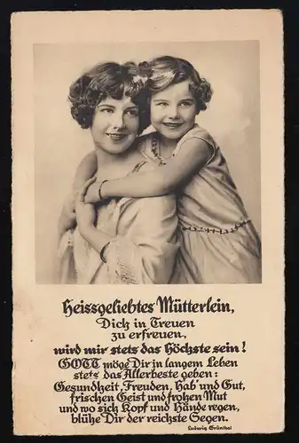 Heissgeliebtes Mütterlein, Frau Tochter lächeln umarmen sich, Aussig 10.5.1931