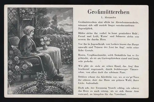 Großmütterchen sitzt allein im Abendsonnenschein Garten L.Alexander, ungebraucht