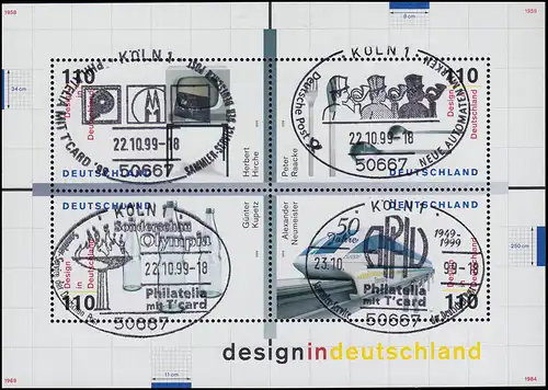 Bloc 50 Design en Allemagne: 4 différents SSt KÖLN Philatelia 22.10.99