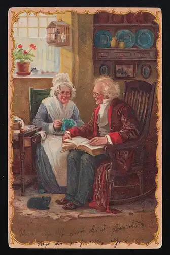 Altes Paar, Frau stopft, Mann liest ihr vor Familie Mutter Vater, Wien 29.9.1913