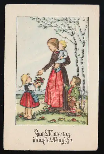 Mère enfants apporter fleurs, dessin sign. LS, Fête des mères désirs non utilisés