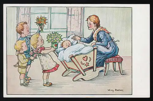 Kinder bringen Mutter Blumen, Frau Wiege Zeichnung Winy Rocholl, ungebraucht
