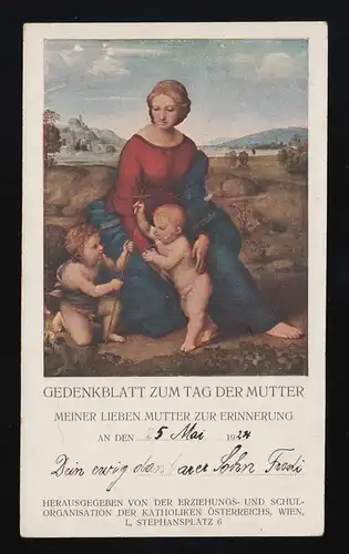 Gedenkblatt zum Tag der Mutter, zur Erinnerung, Maria mit Jesuskind, beschriftet