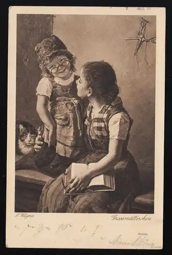 Grossmütterchen sig. G. Wagner, Kind Nickelbrille + Katze, München 31.12.1919