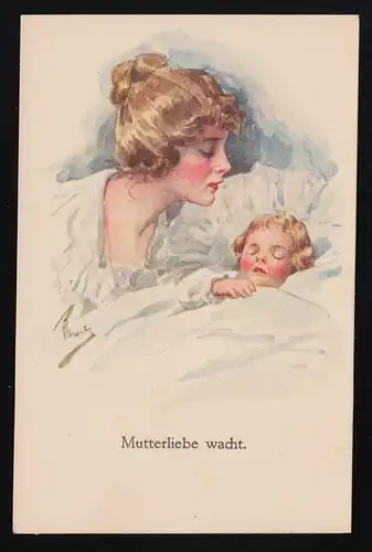 Mutterliebe wacht. Frau schlafendes Kind, Sammlung Wollmann 1899, ungebraucht
