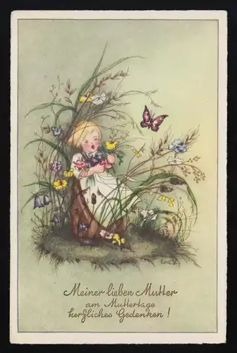 Mädchen Wildblumen Schmetterlinge sign. Lore K. Muttertag Gedenken, ungebraucht