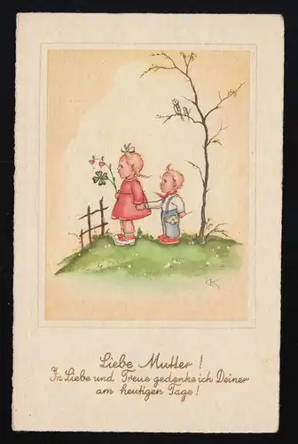 Illustration, Kinder Blumen sign. CK, Liebe Mutter! in Liebe Treue, ungebraucht