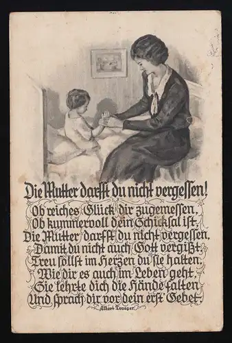 Die Mutter darfst du nicht vergessen! Radierung Text A.Traeger Augsburg 9.5.1931