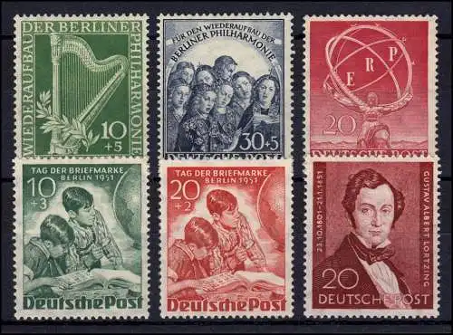 71ff Lot mit 6 besseren Berlin-Werten aus 1950-1951, * / kleine Gummimängel