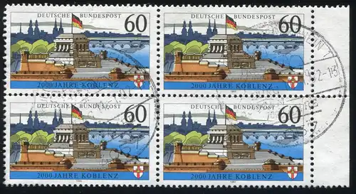 1583x Koblenz ohne Fluoreszenz - Randviererblock, 1 Marke Einriss, SSt 11.1.92