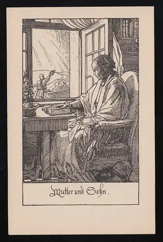 Mère et fils, lithographie femme fenêtre au revoir, Rudolf Schäfer, inutile