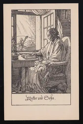 Mutter und Sohn, Lithographie Frau Fenster Abschied, Rudolf Schäfer, ungebraucht