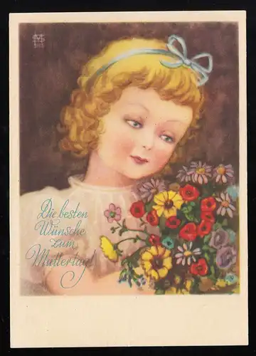 Mädchen blonde Locken Blumenstrauß, Wünsche Muttertag, sign MS, ungebraucht
