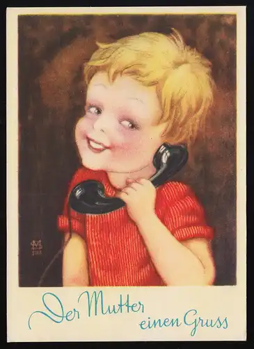 Kind Blond Lachen Telefon sign.MS Künstler, Der Mutter einen Gruss, ungebraucht