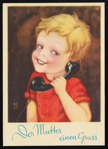 enfant Blonde rire téléphone sign.MS artiste, La mère un sourire, inutile