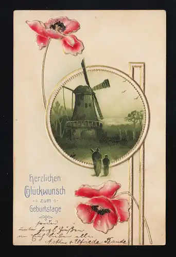 Windmühle Wanderer dunkler Wald, Mohn Glückwunsch Geburtstag, Berlin 27.8.1916